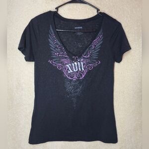 Express Women's Y2k Deep V T Shirt Black Graphic Print Size Small Vintage